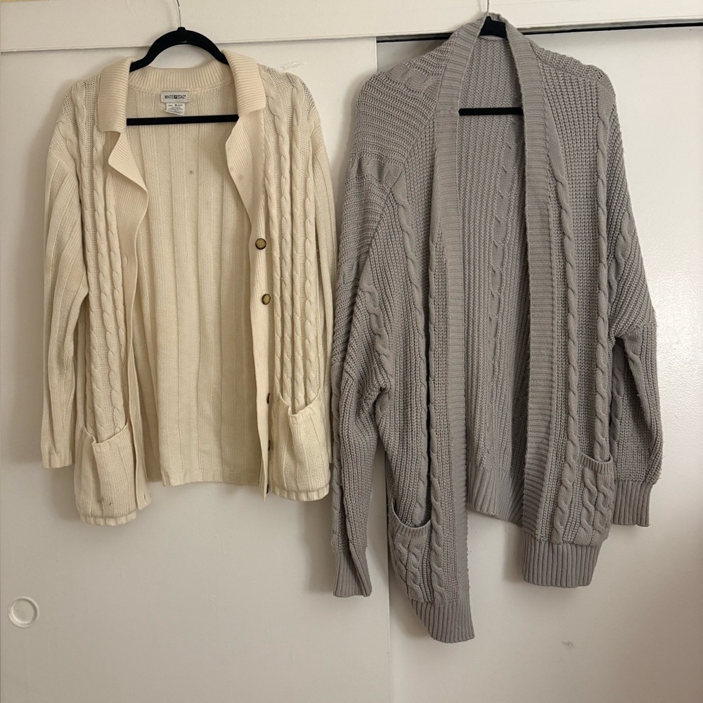 Oversized Cable Knit Cardigan Set - Cream and lilac/gray